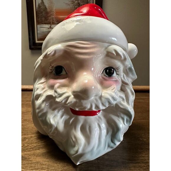 Vintage Santa Claus Cookie Storage Jar Lid Large Ceramic Christmas Kitchen Decor - Picture 2 of 11